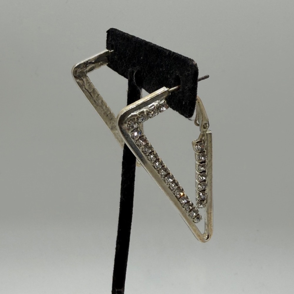 Silver Tone Triangle Hoop Earrings Clear Crystal Accented Geometric Lever Back